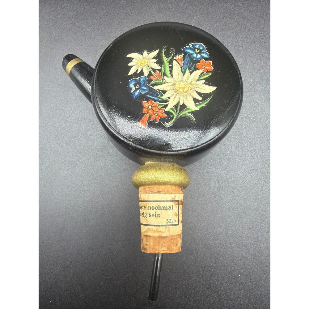 Vintage Toleware Music Box Bottle Stopper Pourer Floral Hand Painted Cork Works